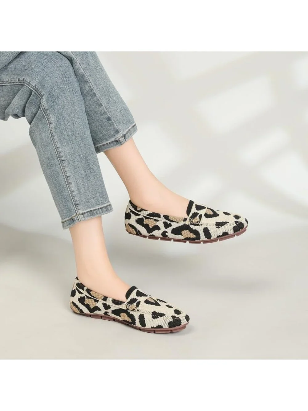 🆕Women's Leopard Lightweight Knitted Loafers Casual Flat Shoes Comfortable